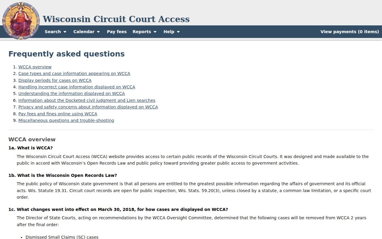Sheboygan County case search WCCA help and access limits
