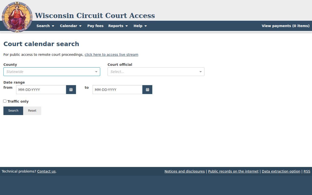 Sheboygan County court calendar controls in WCCA