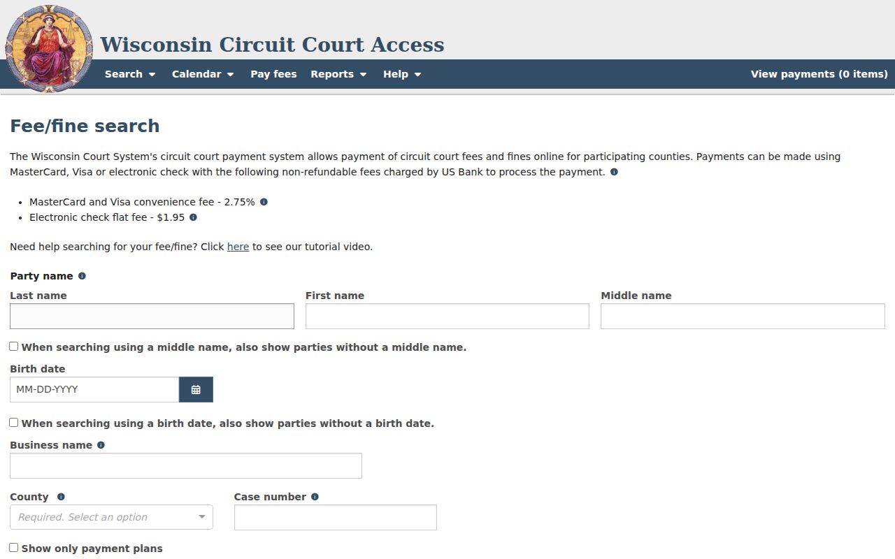 WCCA traffic fee and fine search for Sheboygan County