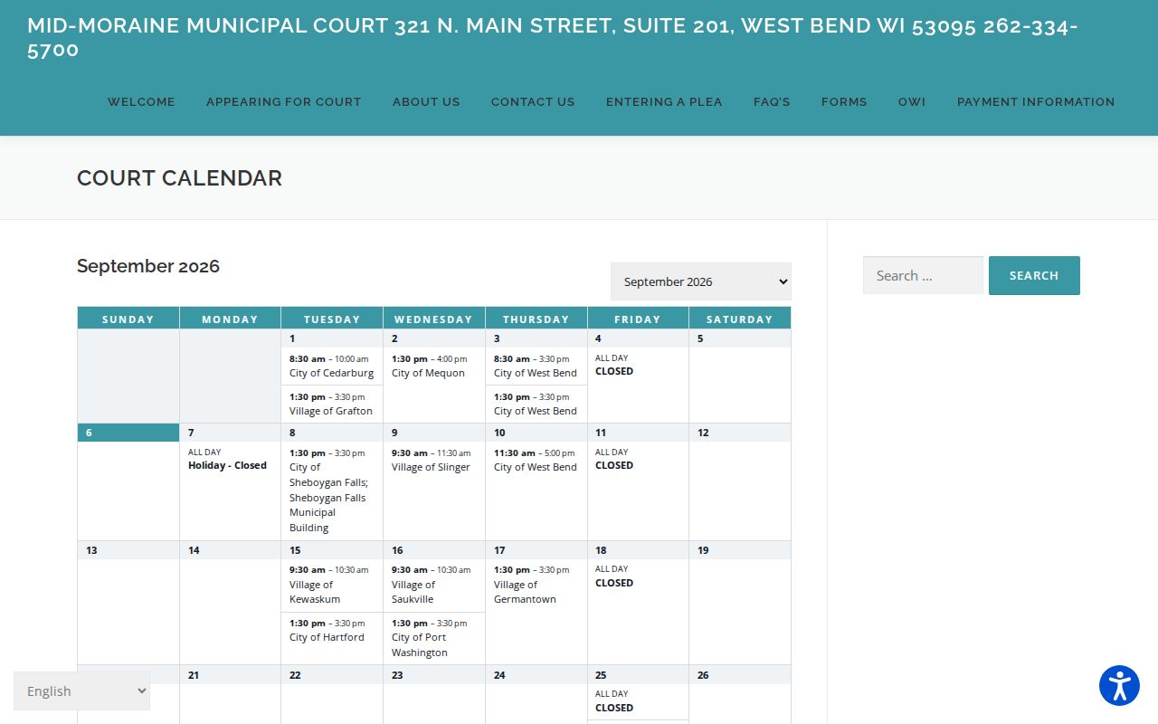 Mid-Moraine Sheboygan Falls traffic court calendar